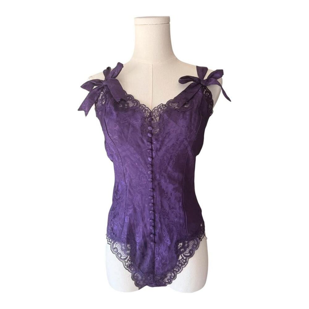 Vintage Victorias Secret Gold Label Purple Satin Lace Bodysuit Small Bows